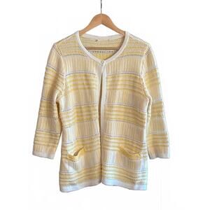 Christopher & Banks Womens Cardigan S/L Yellow White Crochet Knit Sweater Boho